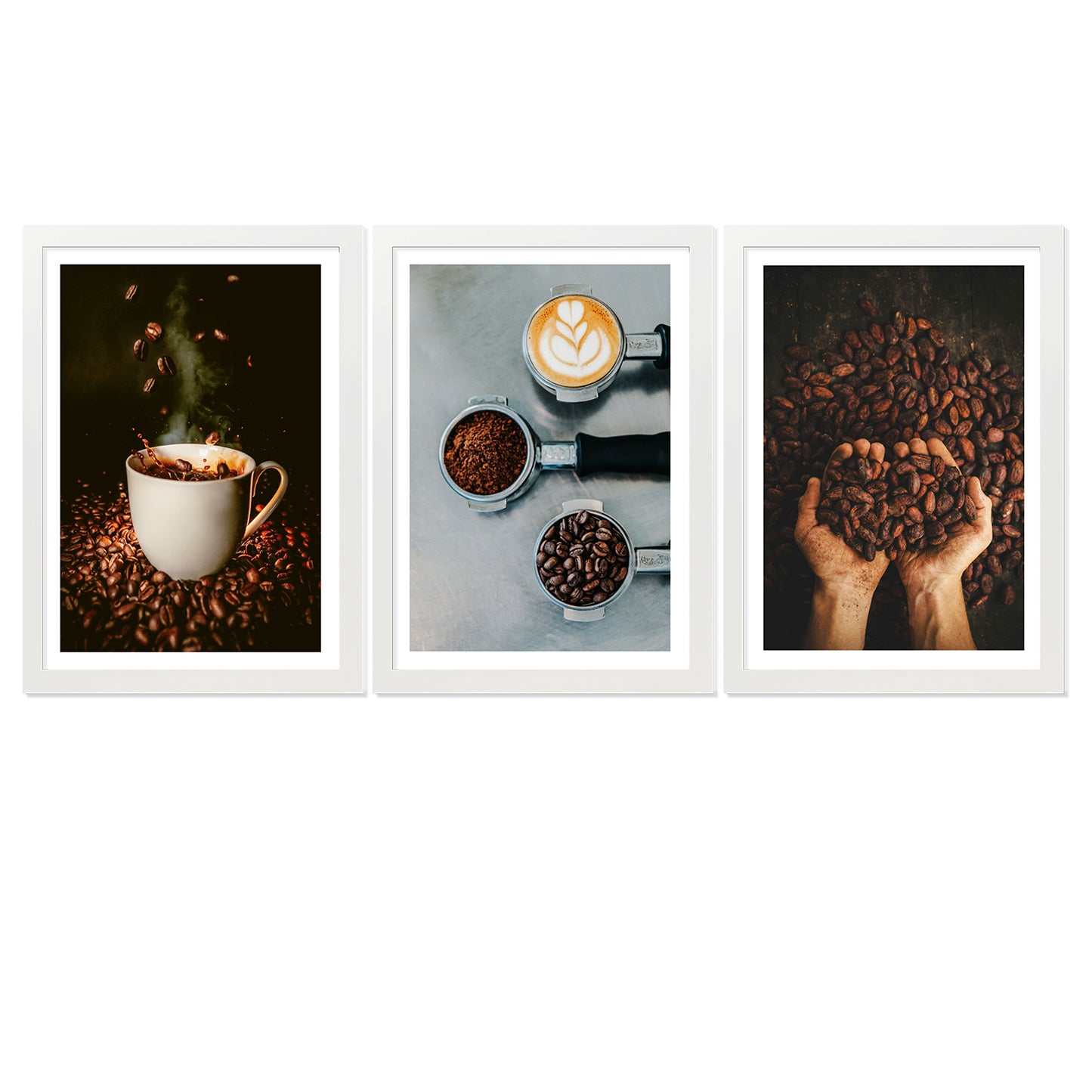 Set de 3 Cuadros de Café Tostado Ilustración impresa en estilo Fotográfico para decorar las paredes de Cocina, Despensa, Comedor, Restaurante, Cafetería