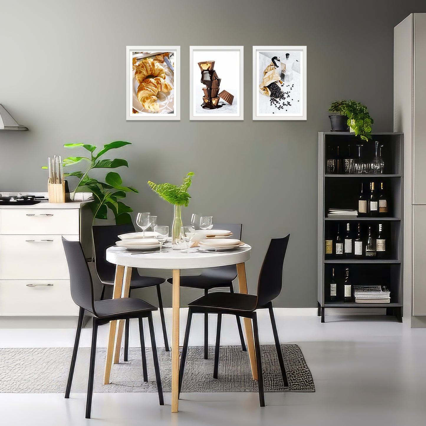 Set de 3 Cuadros Desayuno Mañana Café, Muffins, Croissant Ilustración impresa en estilo Fotográfico para decorar las paredes de Cocina, Despensa, Comedor, Restaurante