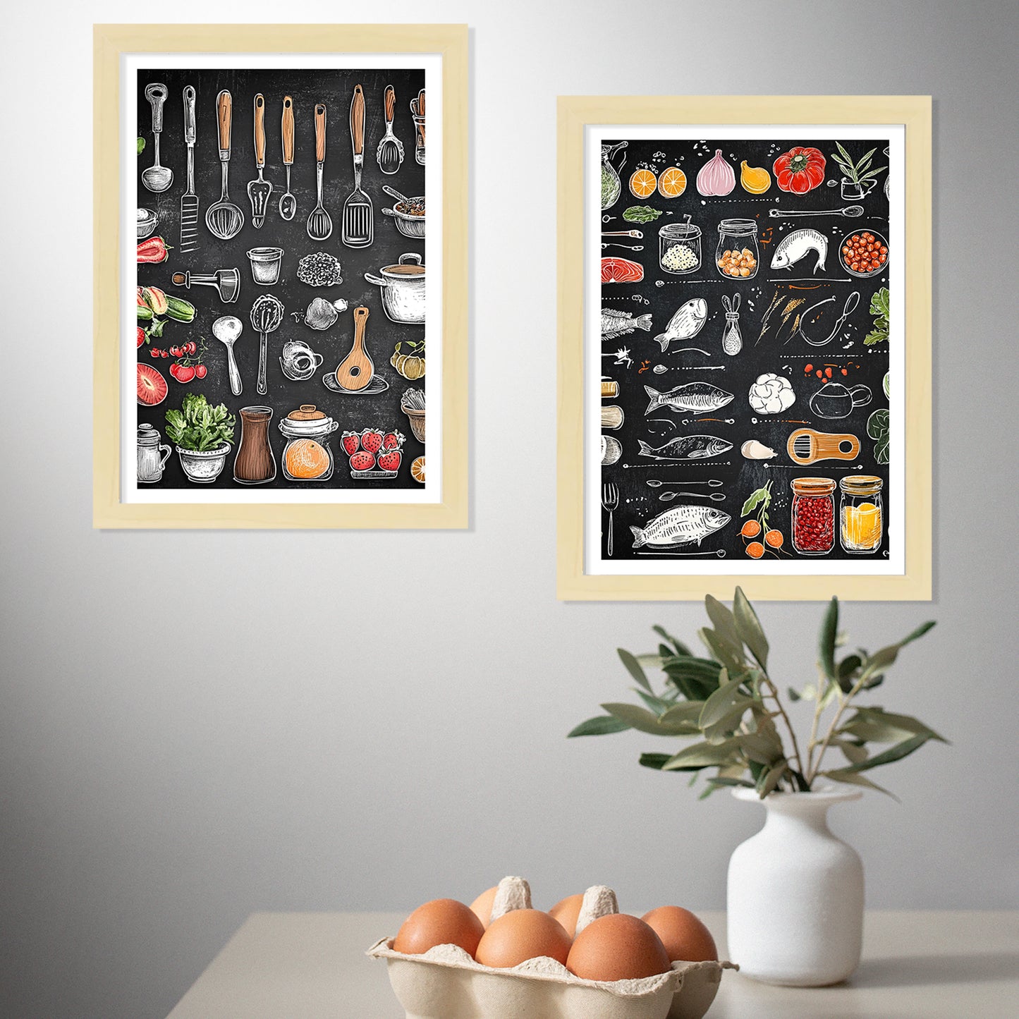 Set de 2 Cuadros Elementos de Cocina Ingredientes y Herramientas Poster Print ilustración para decorar las paredes de Cocina, Despensa, Comedor, Restaurante