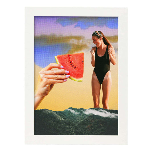 Lamina artistica decorativa con ilustración de Rebanada de sandía estilo Collage-Artwork-Nacnic-A4-Marco Blanco-Nacnic Estudio SL