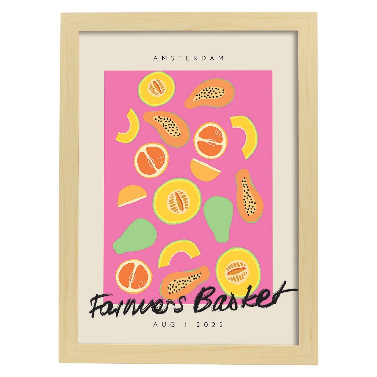 Lamina artistica decorativa con ilustración de Cesta de agricultores Amsterdam-Artwork-Nacnic-A4-Marco Madera clara-Nacnic Estudio SL