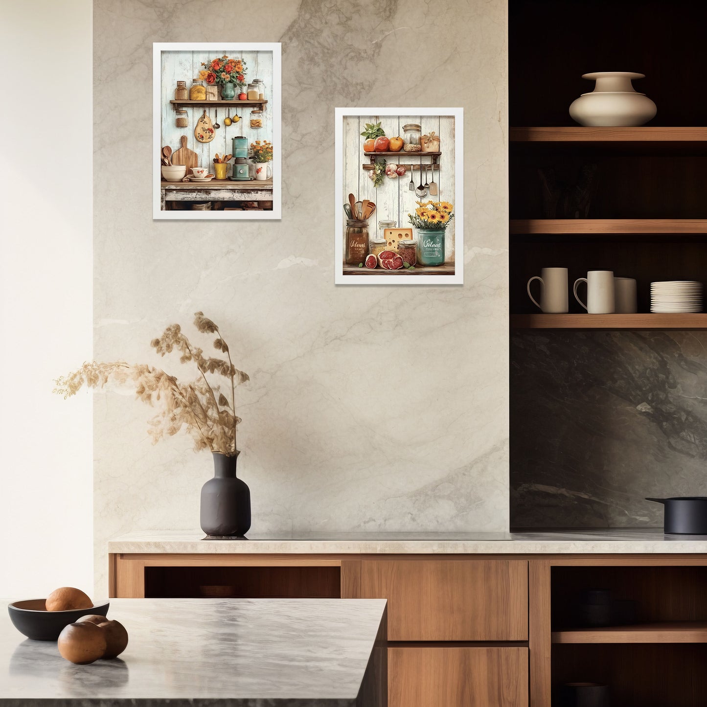 Set de 2 Cuadros de Cocina Rústica Impresión Ilustración en Estilo Campestre Arte de Pared para Decoración de Cocina, Despensa, Comedor, Restaurante