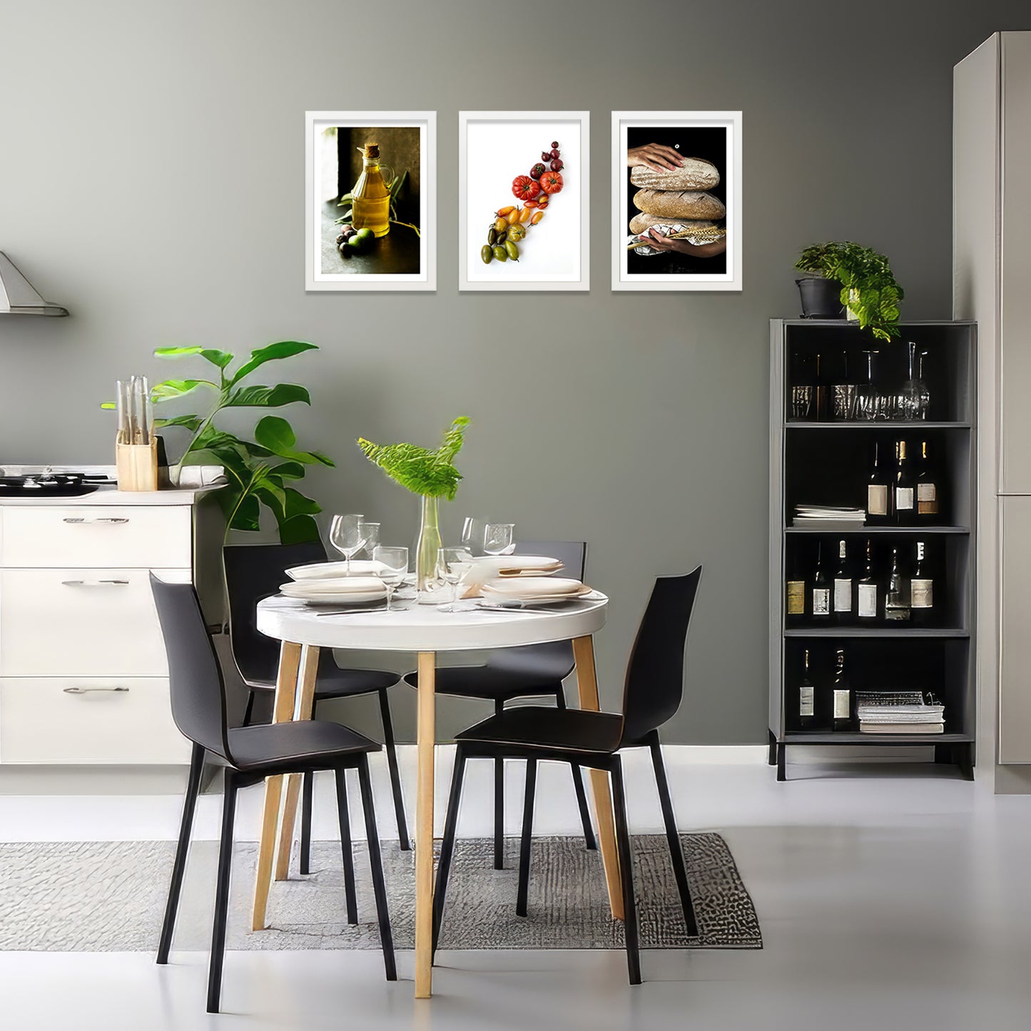 Set de 3 Cuadros de Cocina Mediterránea, Pan, Aceite de Oliva, Verduras Ilustración impresa en estilo Fotográfico para decorar Cocina, Despensa, Comedor, Restaurante, Cafetería