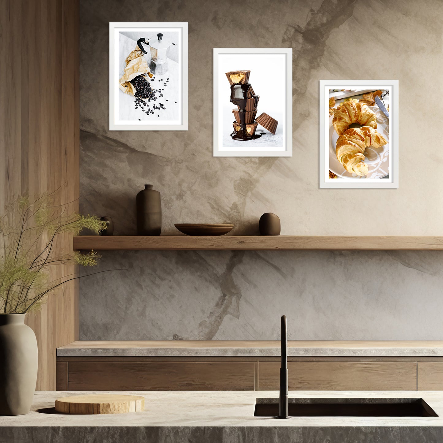 Set de 3 Cuadros Desayuno Mañana Café, Muffins, Croissant Ilustración impresa en estilo Fotográfico para decorar las paredes de Cocina, Despensa, Comedor, Restaurante