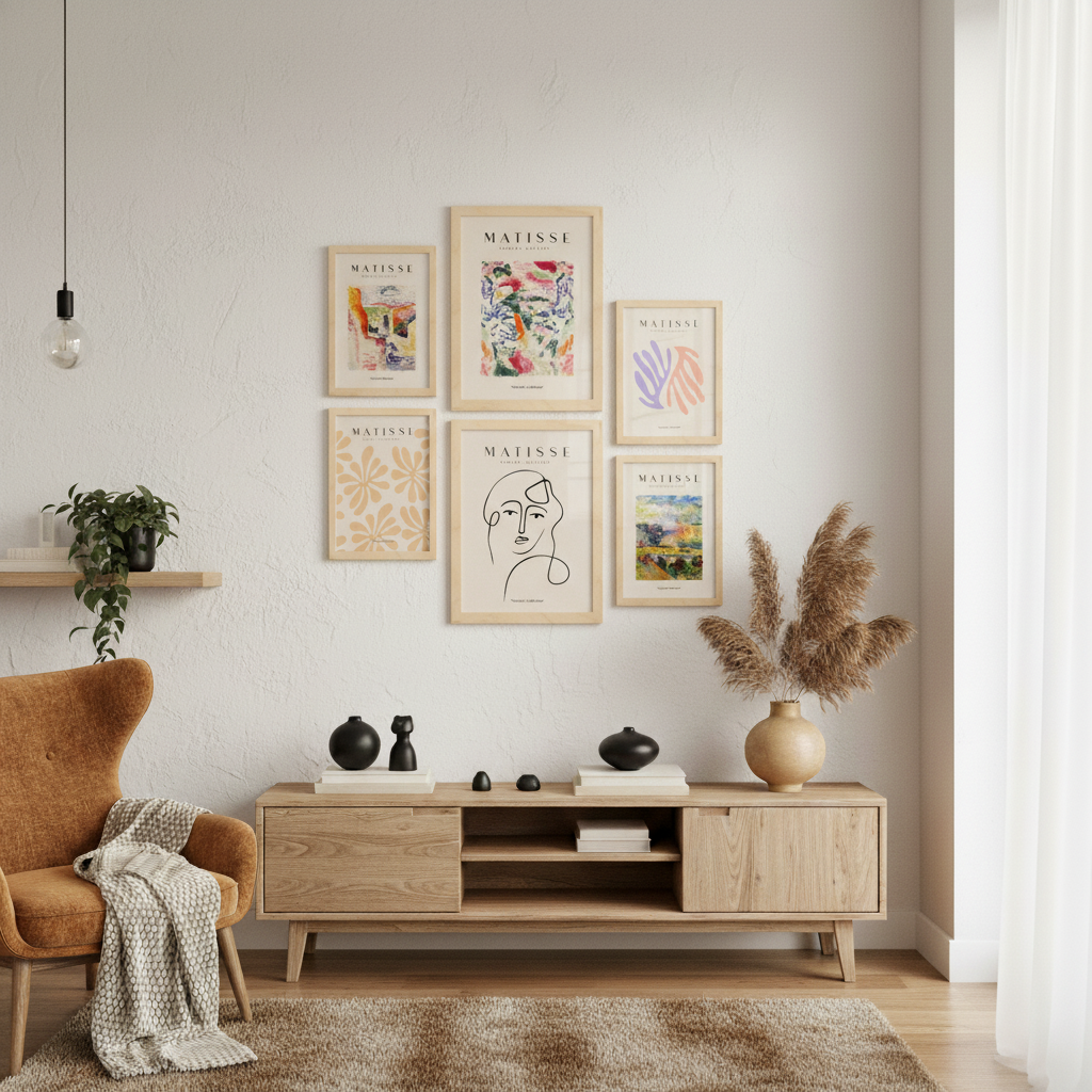 Set de 6 láminas estilo fauvista y abstracto con obras inspiradas en Henri Matisse en tonos pastel y vibrantes para salón moderno o estudio artístico, 2 grandes y 4 medianos