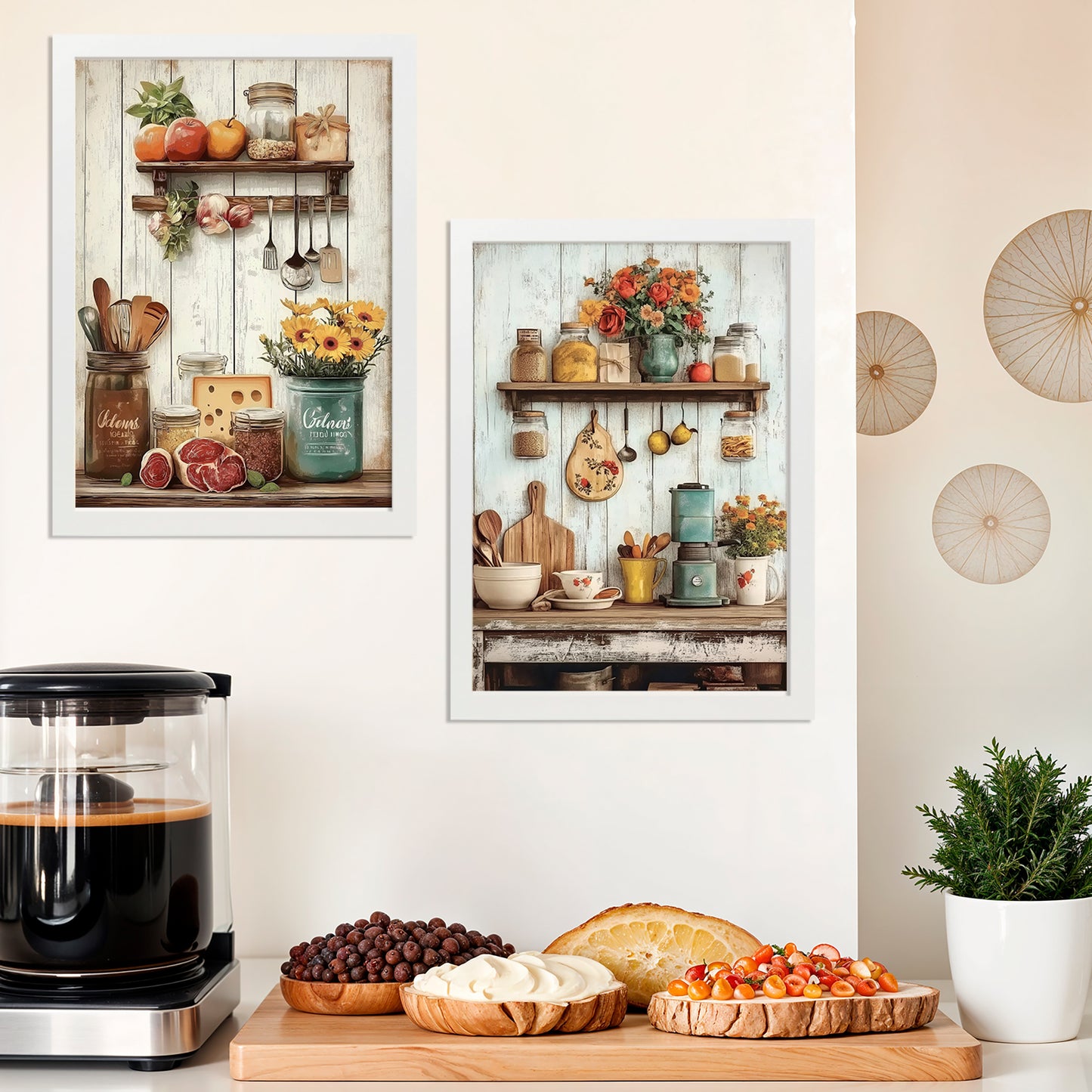 Set de 2 Cuadros de Cocina Rústica Impresión Ilustración en Estilo Campestre Arte de Pared para Decoración de Cocina, Despensa, Comedor, Restaurante