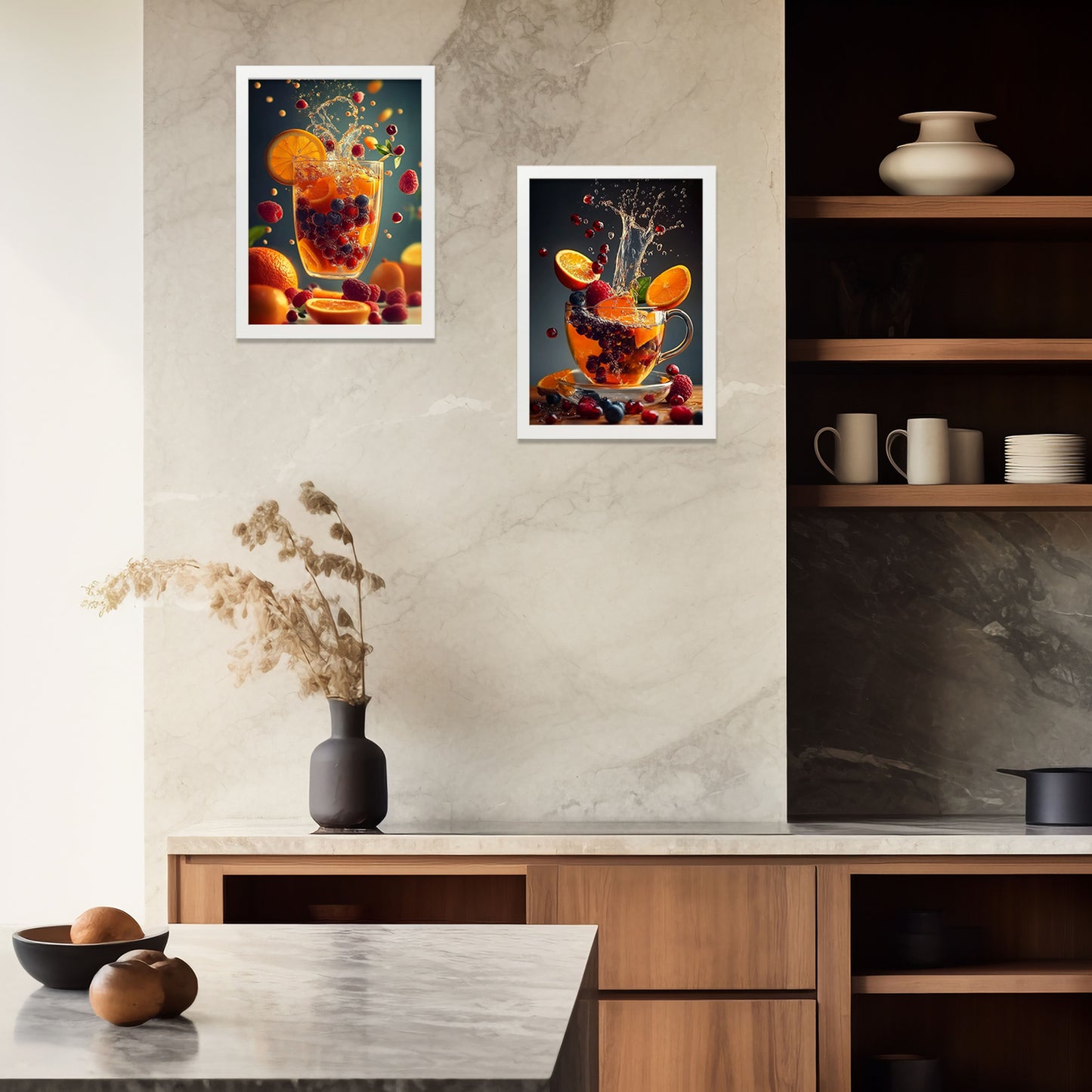 Set de 2 Cuadros de Colores con Té de Frutas Refrescantes Ilustración impresa en estilo Fotográfico para decorar las paredes de Cocina, Despensa, Comedor, Restaurante