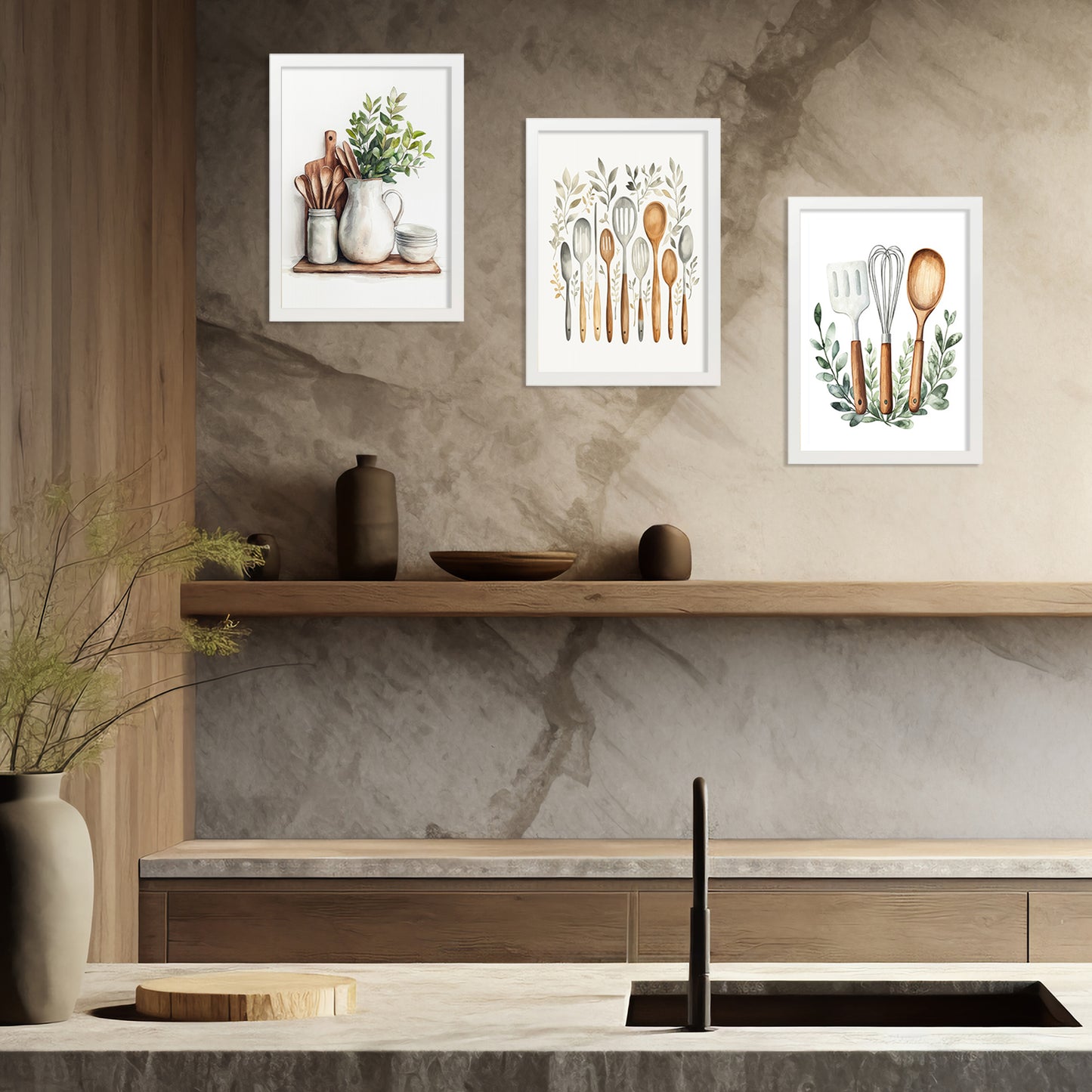 Set de 3 Cuadros Utensilios y herramientas de Cocina Póster en Acuarela con Ilustración impresa para decorar las paredes de la Cocina, Despensa, Comedor, Restaurante
