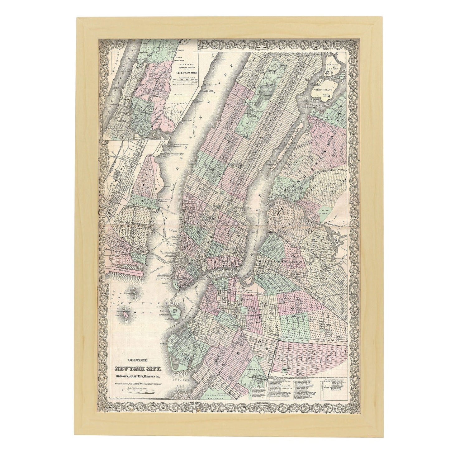 1865 Colton Map of New York City Manhattan Brooklyn Long Island City Geographicus NewYorkCity colton 1866-Artwork-Nacnic-A3-Marco Madera clara-Nacnic Estudio SL