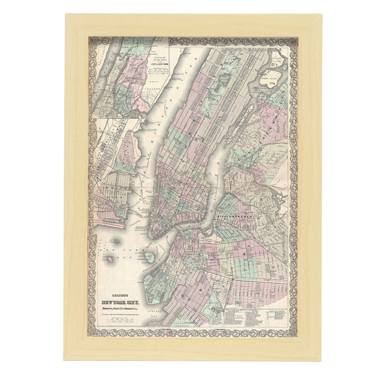 1865 Colton Map of New York City Manhattan Brooklyn Long Island City Geographicus NewYorkCity colton 1866-Artwork-Nacnic-A4-Marco Madera clara-Nacnic Estudio SL