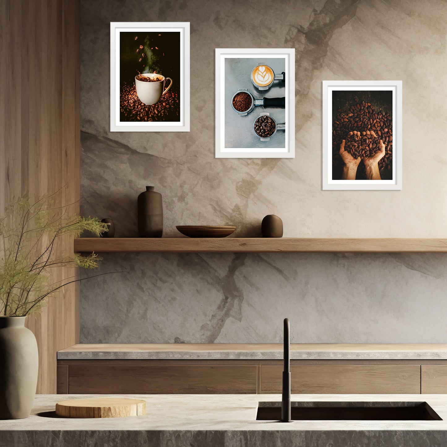 Set de 3 Cuadros de Café Tostado Ilustración impresa en estilo Fotográfico para decorar las paredes de Cocina, Despensa, Comedor, Restaurante, Cafetería