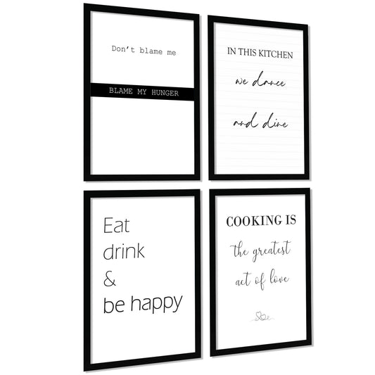 Set de 4 Cuadros Frases de Cocina Mensajes Póster Impresión Ilustración Letreros en Blanco y Negro Estilo moderno para decorar Cocina, Despensa, Comedor, Restaurante