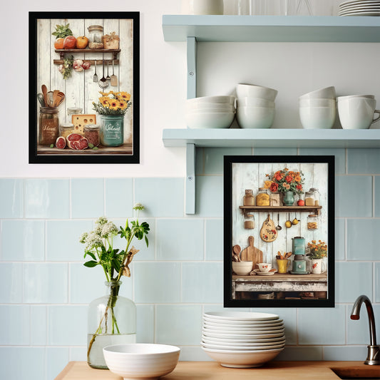 Set de 2 Cuadros de Cocina Rústica Impresión Ilustración en Estilo Campestre Arte de Pared para Decoración de Cocina, Despensa, Comedor, Restaurante
