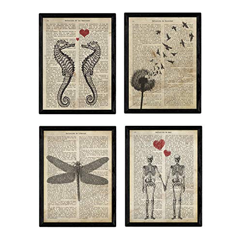 Set de 4 láminas de Enciclopedia Vintage con Caballito de Mar, Diente de León, Libélula y Pareja de Esqueletos. .-Artwork-Nacnic-Nacnic Estudio SL