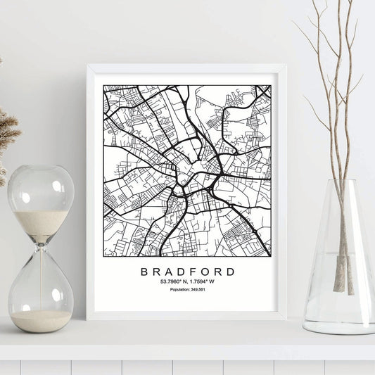 Lámina mapa de la ciudad Bradford estilo nordico en blanco y negro.-Artwork-Nacnic-Nacnic Estudio SL