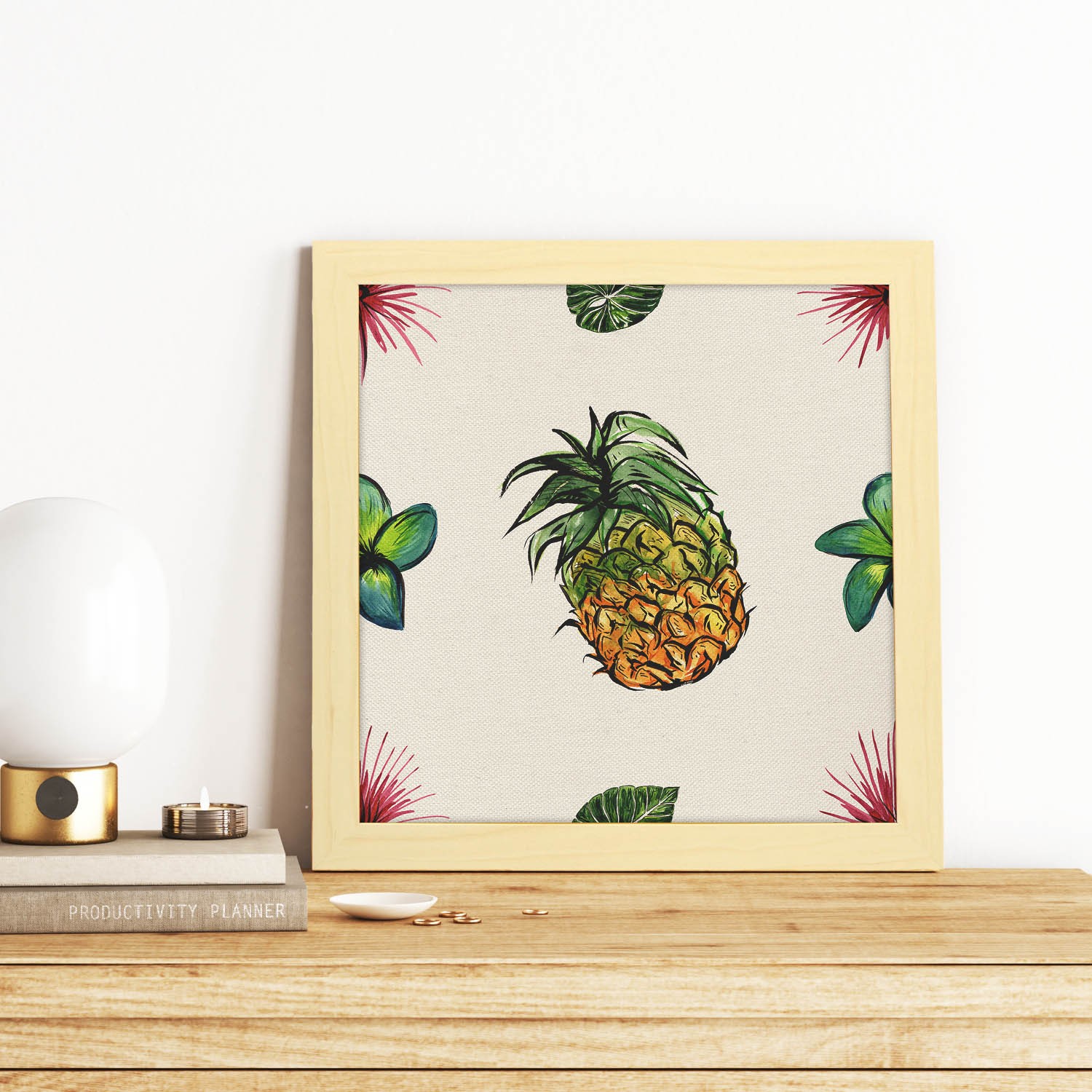 Poster cuadrado de Piñas con flor. Lámina de frutas y verduras de forma cuadrada, ilustrada con dibujos a color.-Artwork-Nacnic-Nacnic Estudio SL