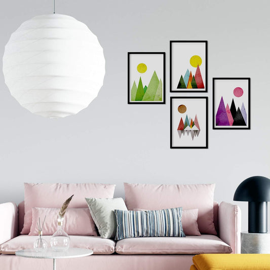Set de 4 láminas para enmarcar, 4 Montañas geométricas. Tonos violetas, negros verdes.. Láminas estilo nórdico. Poster Estilo escandinavo-Artwork-Nacnic-Nacnic Estudio SL