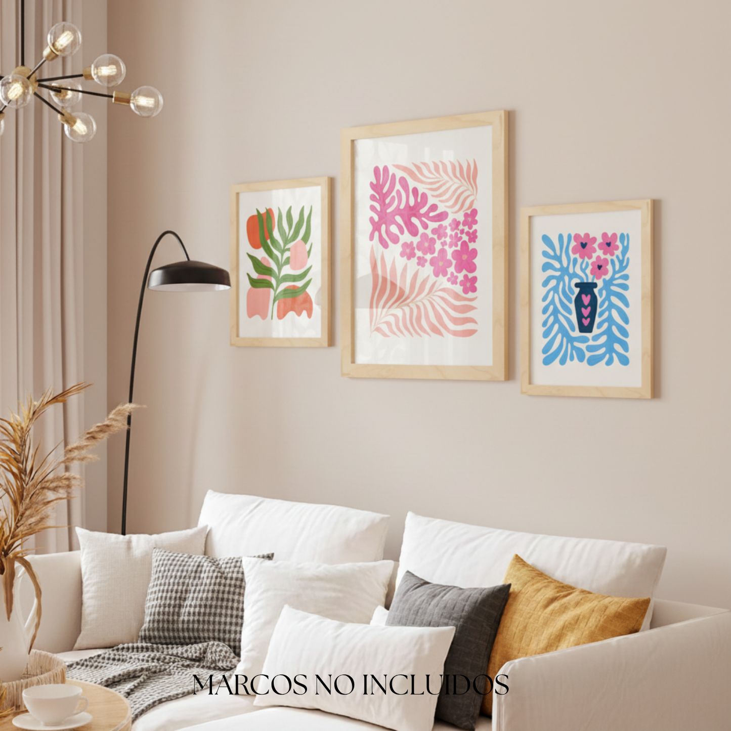 Set de 6 pósters Flower Power en colores pastel. Láminas minimalistas de flores y hojas con estilo moderno para decorar hogar, oficina o estudio. Tamaños A3 y A4.