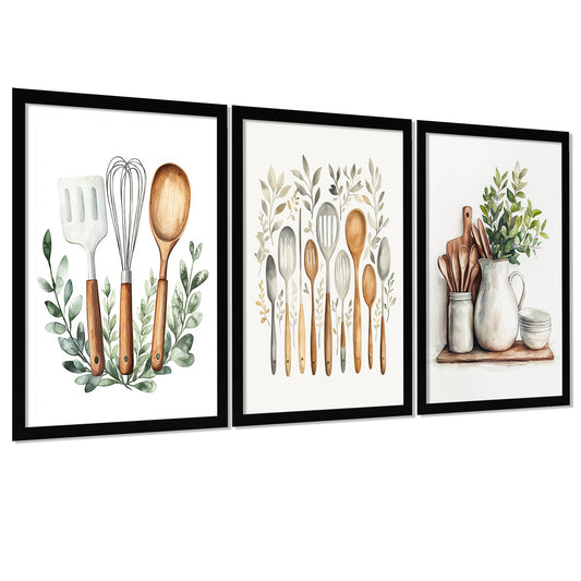 Set de 3 Cuadros Utensilios y herramientas de Cocina Póster en Acuarela con Ilustración impresa para decorar las paredes de la Cocina, Despensa, Comedor, Restaurante
