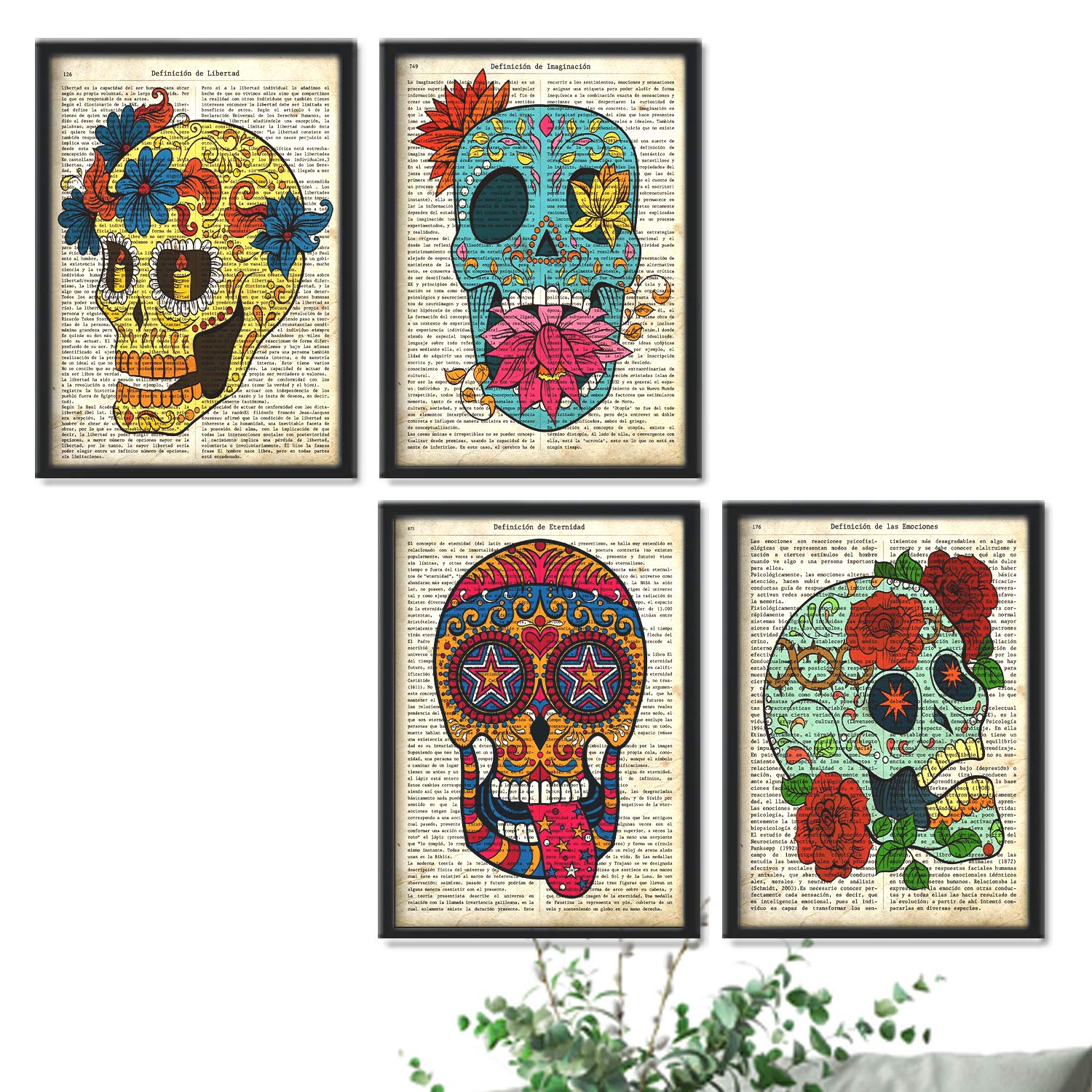 imprime calaveras con definiciones de enciclopedia en español - Libertad, imaginación, emociones, eternidad - Juego de 4-Artwork-Nacnic-Nacnic Estudio SL