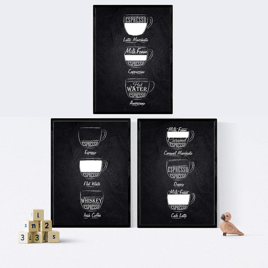 Set de láminas de café. Posters de tipos de café. Café fondo negro.-Artwork-Nacnic-Nacnic Estudio SL