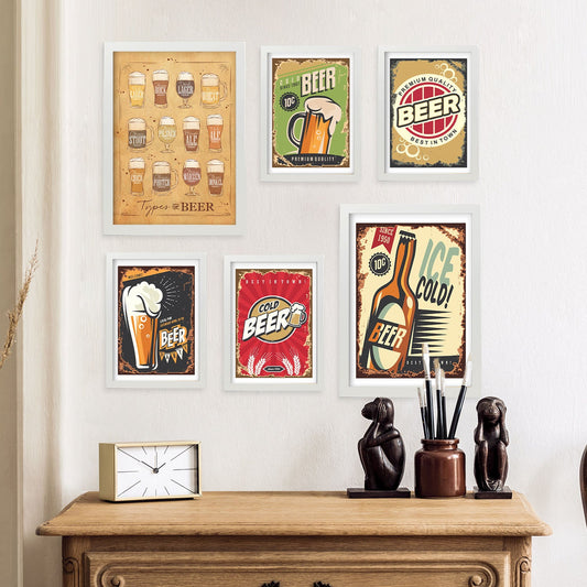 Set de 6 láminas vintage de cerveza con carteles publicitarios retro en colores vivos para decorar bar, cocina o restaurante moderno – 2 grandes y 4 medianos