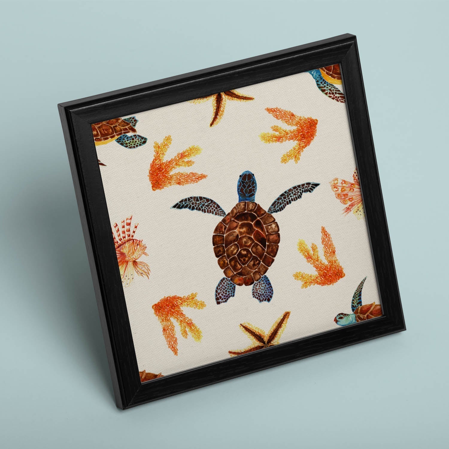 Poster cuadrado con dibujos de ranas y tortugas. Lámina Tortuga nadadora, ilustrada con dibujos de tortugas, ranas, y sapos.-Artwork-Nacnic-Nacnic Estudio SL