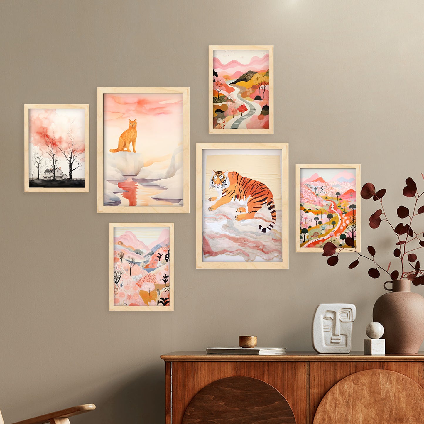 Nacnic Set de 6 Caricatura de tigre y gato Posters. En Huellas de guardería. Estampados decorativos estéticos para su sala de estar, dormitorio, hogar Tamaños A4 y A3