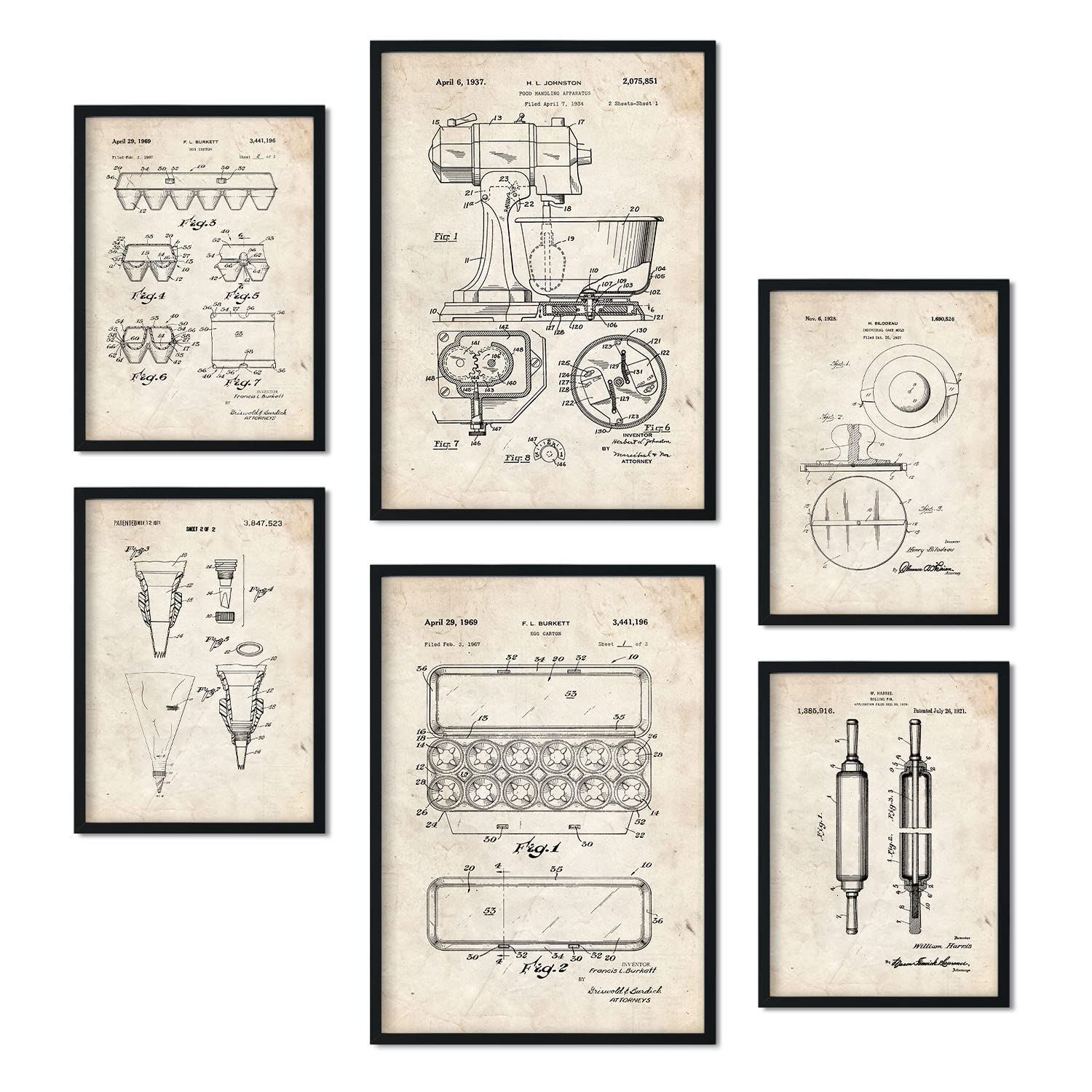 Set de 6 láminas de patentes Herramientas de cocina. Pósters con dibujos retro de inventos antiguos. Tamaños A4 y A3. .-Artwork-Nacnic-Nacnic Estudio SL