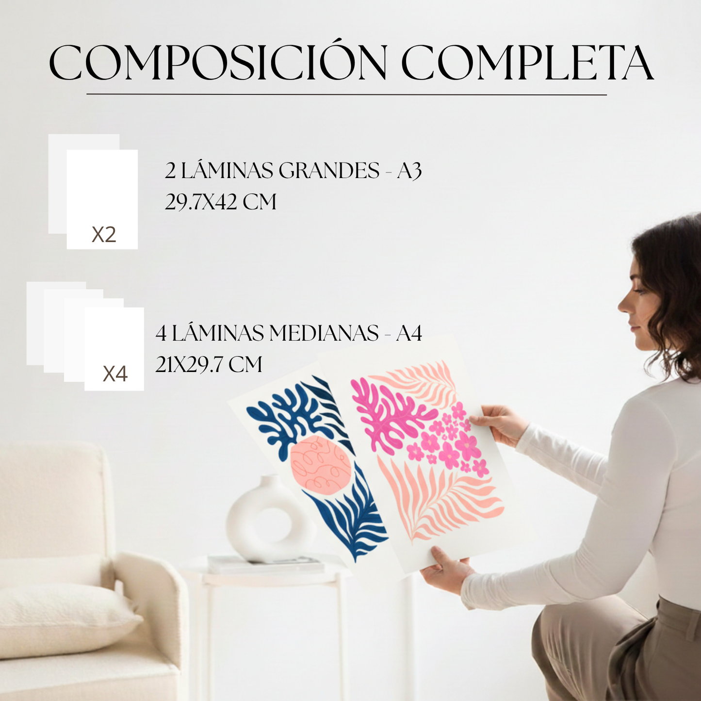 Set de 6 pósters Flower Power en colores pastel. Láminas minimalistas de flores y hojas con estilo moderno para decorar hogar, oficina o estudio. Tamaños A3 y A4.