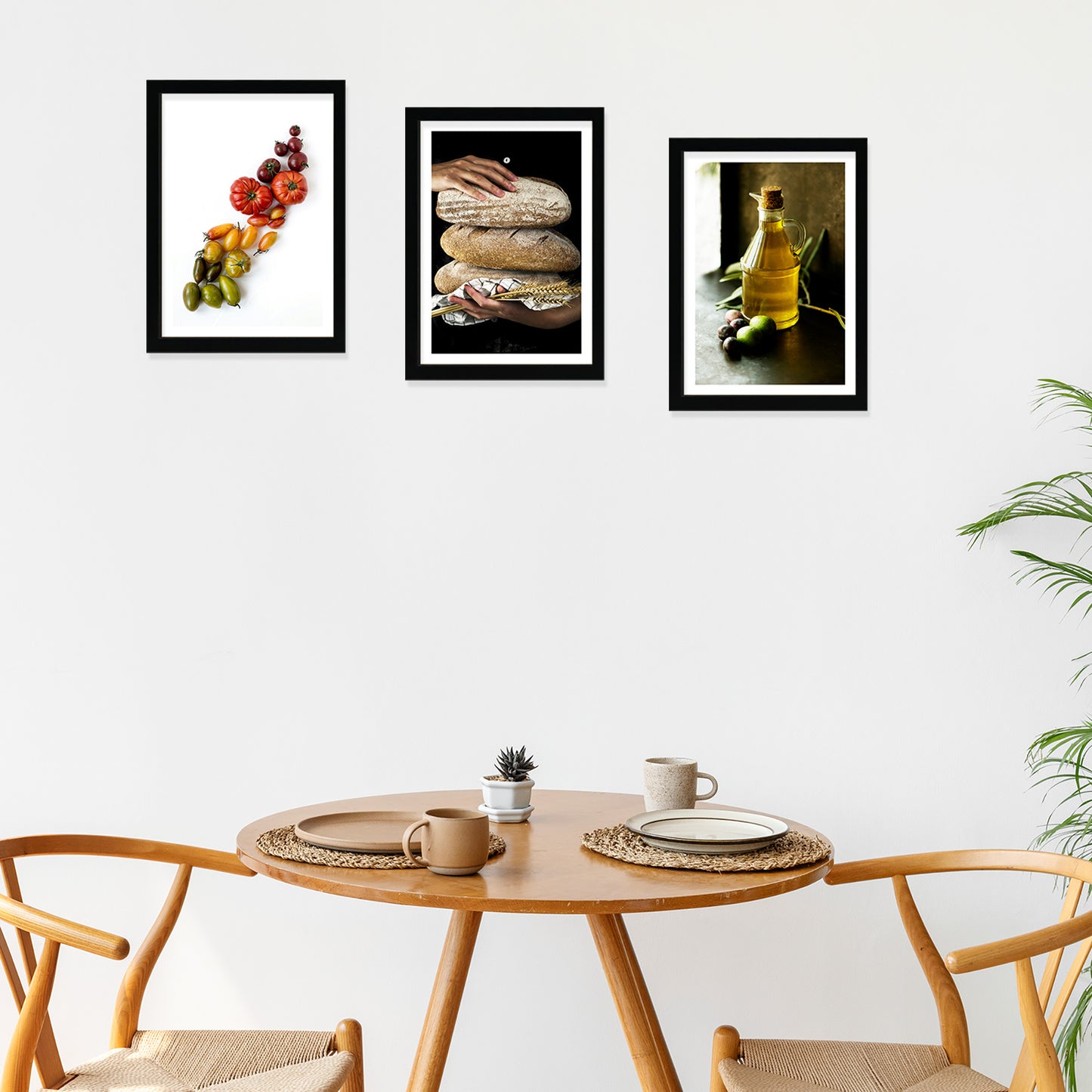 Set de 3 Cuadros de Cocina Mediterránea, Pan, Aceite de Oliva, Verduras Ilustración impresa en estilo Fotográfico para decorar Cocina, Despensa, Comedor, Restaurante, Cafetería