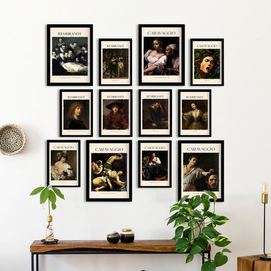 Caravaggio y Rembrandt: Conjunto de 12 impresiones - 4 láminas A3 y 8 láminas A4 - Estilo de famosos pintores - Opciones de color de marco - Impresiones de arte de pared sin marco - Póster de decoración de pared.