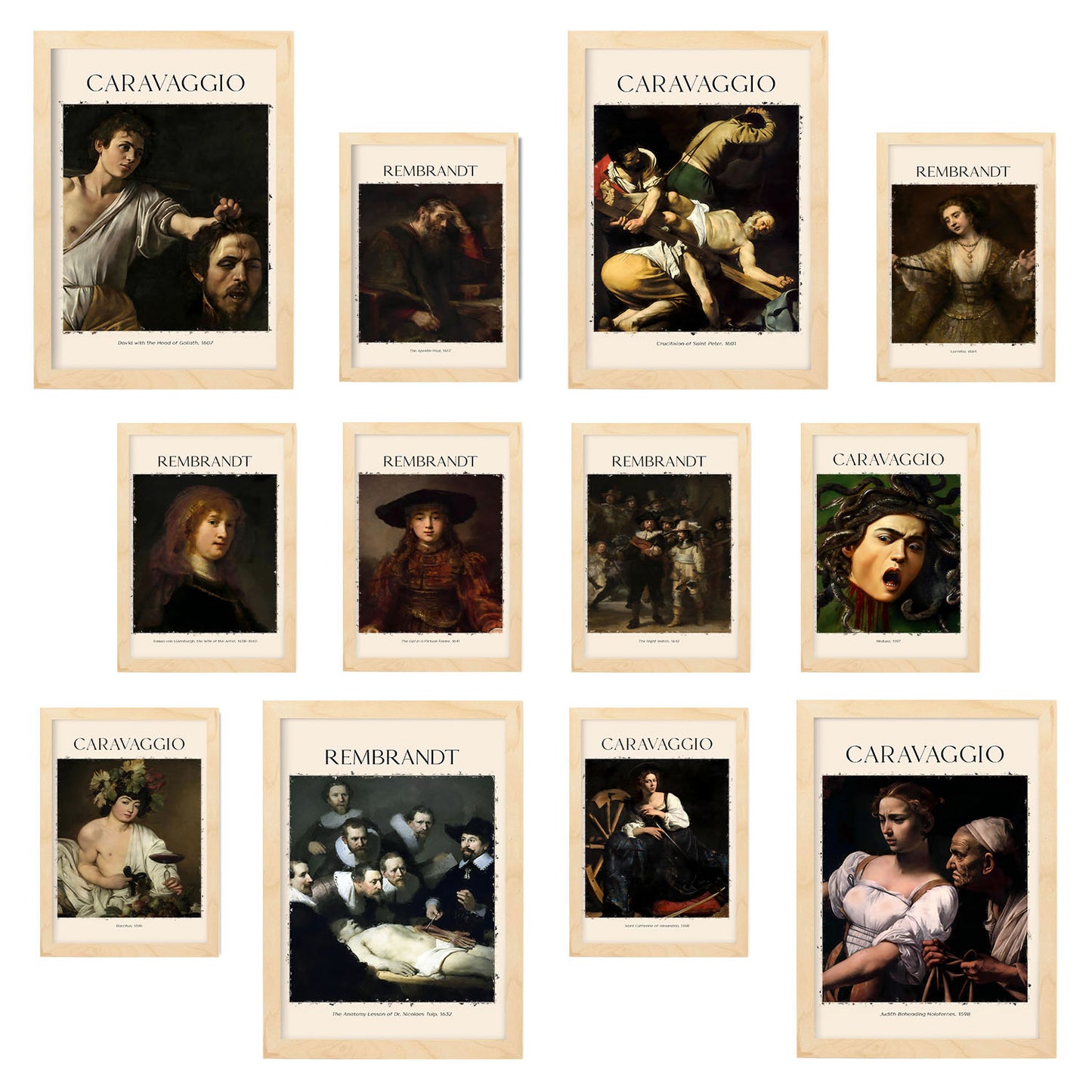Conjunto de 12 láminas de Caravaggio y Rembrandt en distintos colores