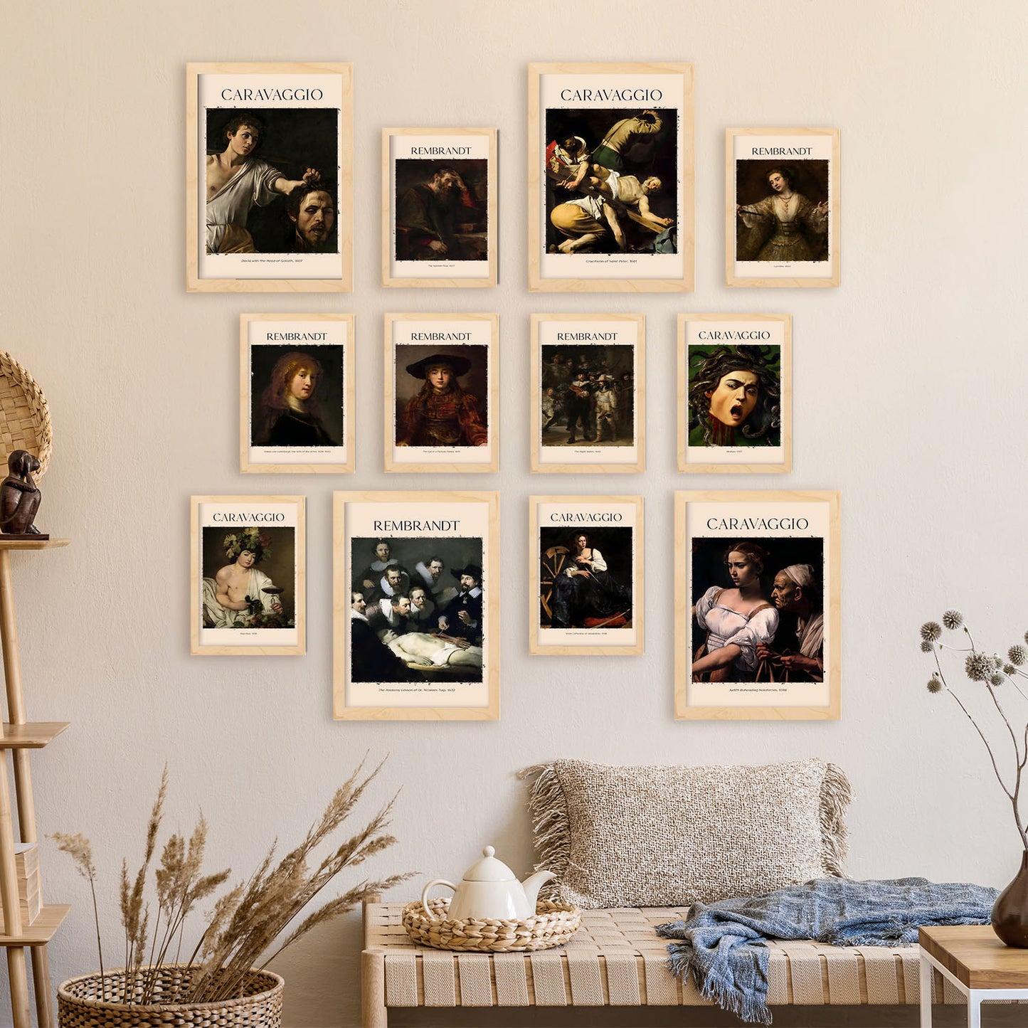 Conjunto de 12 láminas de Caravaggio y Rembrandt en distintos colores