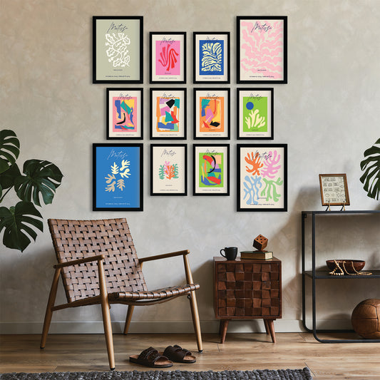 Conjunto de impresiones de arte inspiradas en Matisse: 12 piezas (4 láminas A3 y 8 láminas A4) | Estilo del famoso pintor | Color del marco: Surtido | solo impresiones para decoración de paredes.