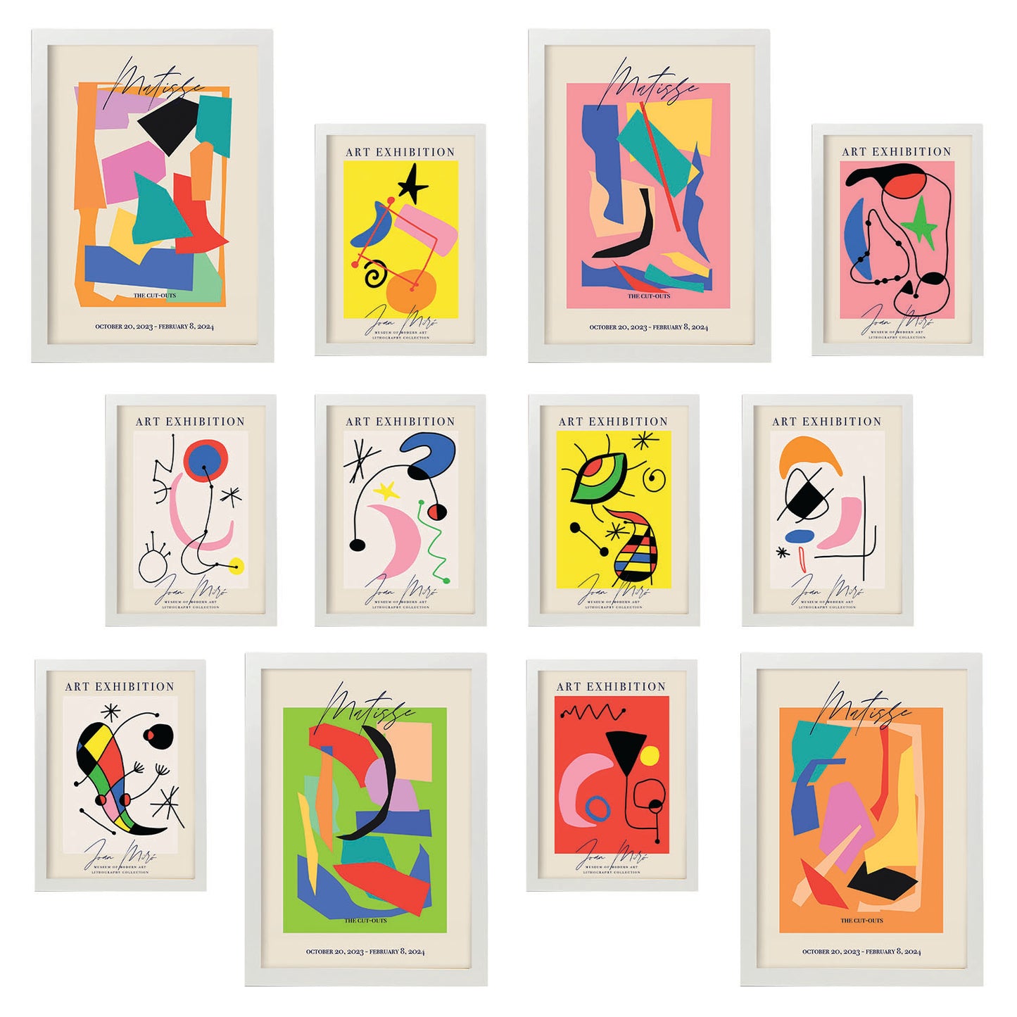 Conjunto de láminas de arte Matisse y Miró - 12 piezas - Estilo pintor famoso - Marcos surtidos