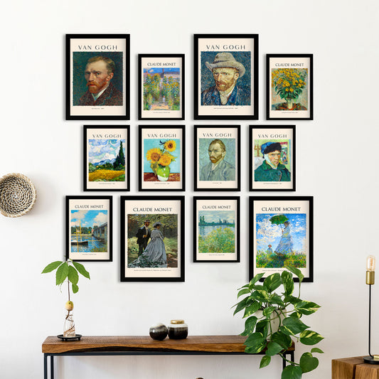 Conjunto de impresiones de arte de Van Gogh y Monet: 12 piezas, 4 láminas A3 y 8 láminas A4, estilo de famosos pintores, impresiones de arte de pared con colores vibrantes, póster de decoración de pared.