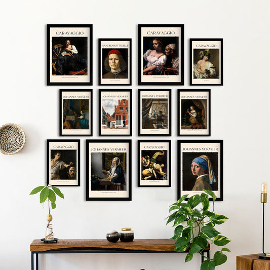 Colección de obras maestras: 12 impresiones - 4 láminas A3 y 8 láminas A4 - Inspiradas en Vermeer y Caravaggio - Estilo de pintor famoso - Sin marco - Exquisito diseño de arte de pared - Póster de decoración de pa...