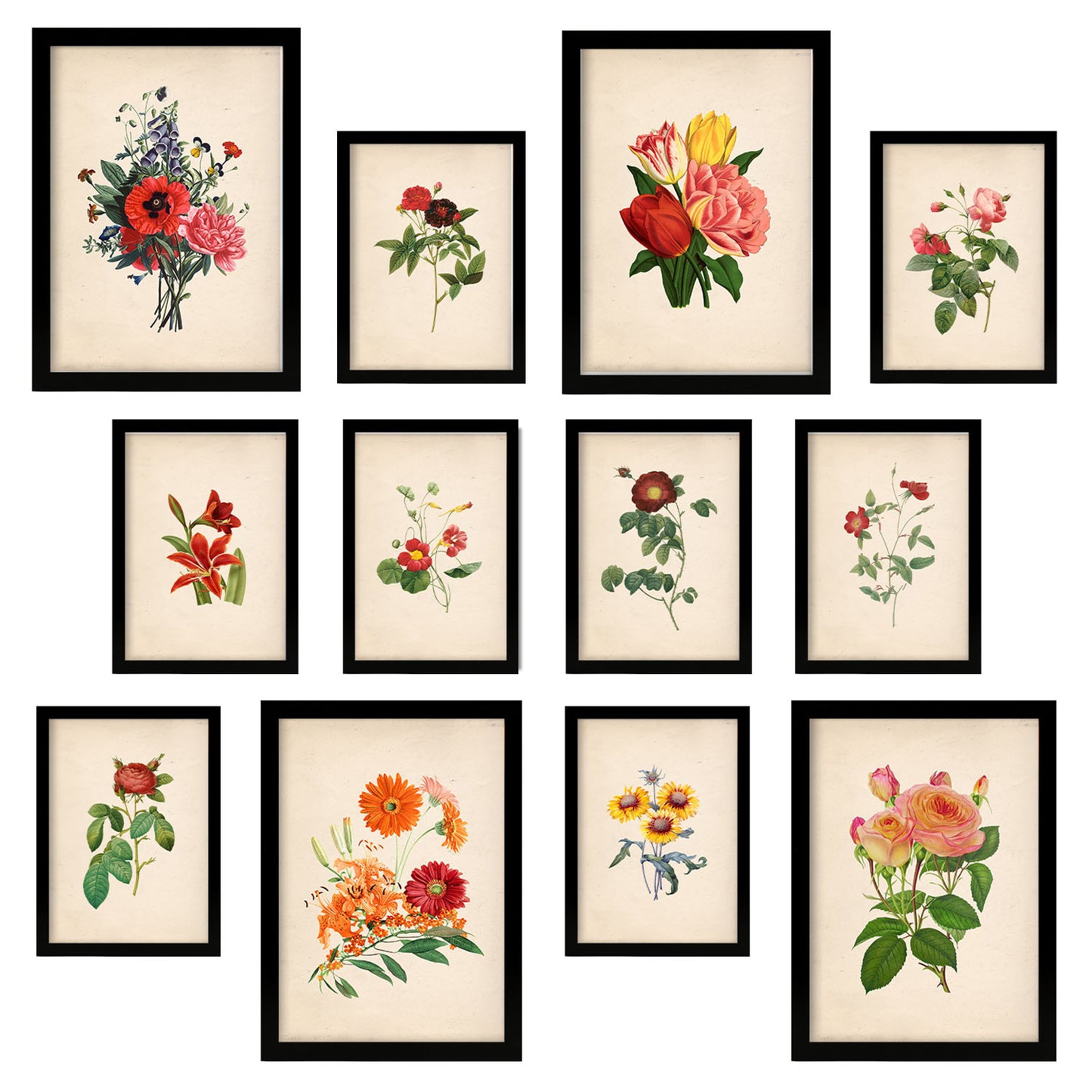 Conjunto de Impresiones de Flores Rojas Vibrantes - Diseño Mixto, Láminas de Arte para Pared