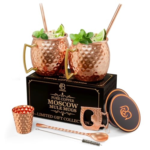 Copper Bar Moscow Mule Mugs | Set of 2 Hammered Cups | 100% Handcrafted Solid Copper | Gift Set With Straws, Shot Glass, Coasters, Stirrer & Beer Opener (Black)
