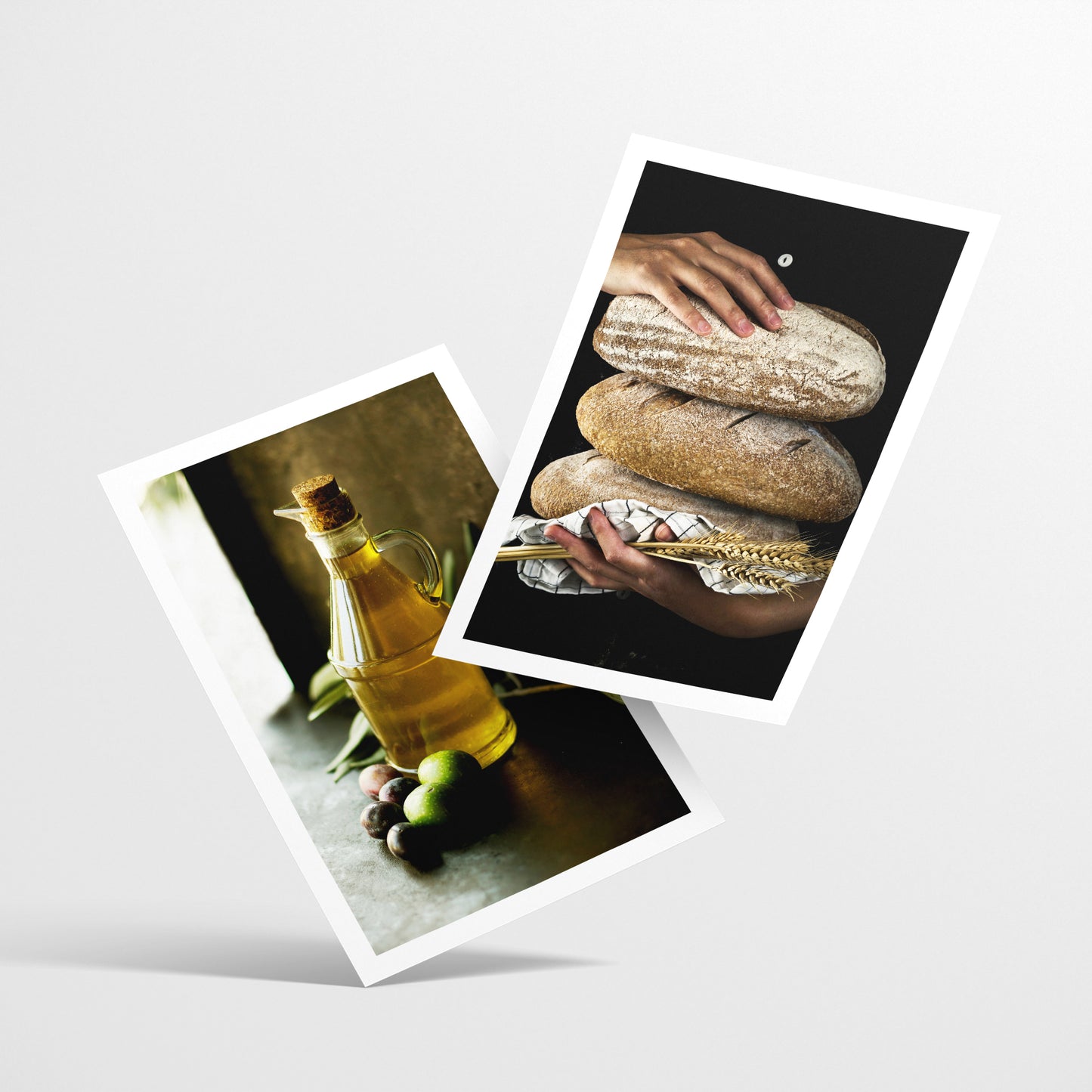 Set de 3 Cuadros de Cocina Mediterránea, Pan, Aceite de Oliva, Verduras Ilustración impresa en estilo Fotográfico para decorar Cocina, Despensa, Comedor, Restaurante, Cafetería