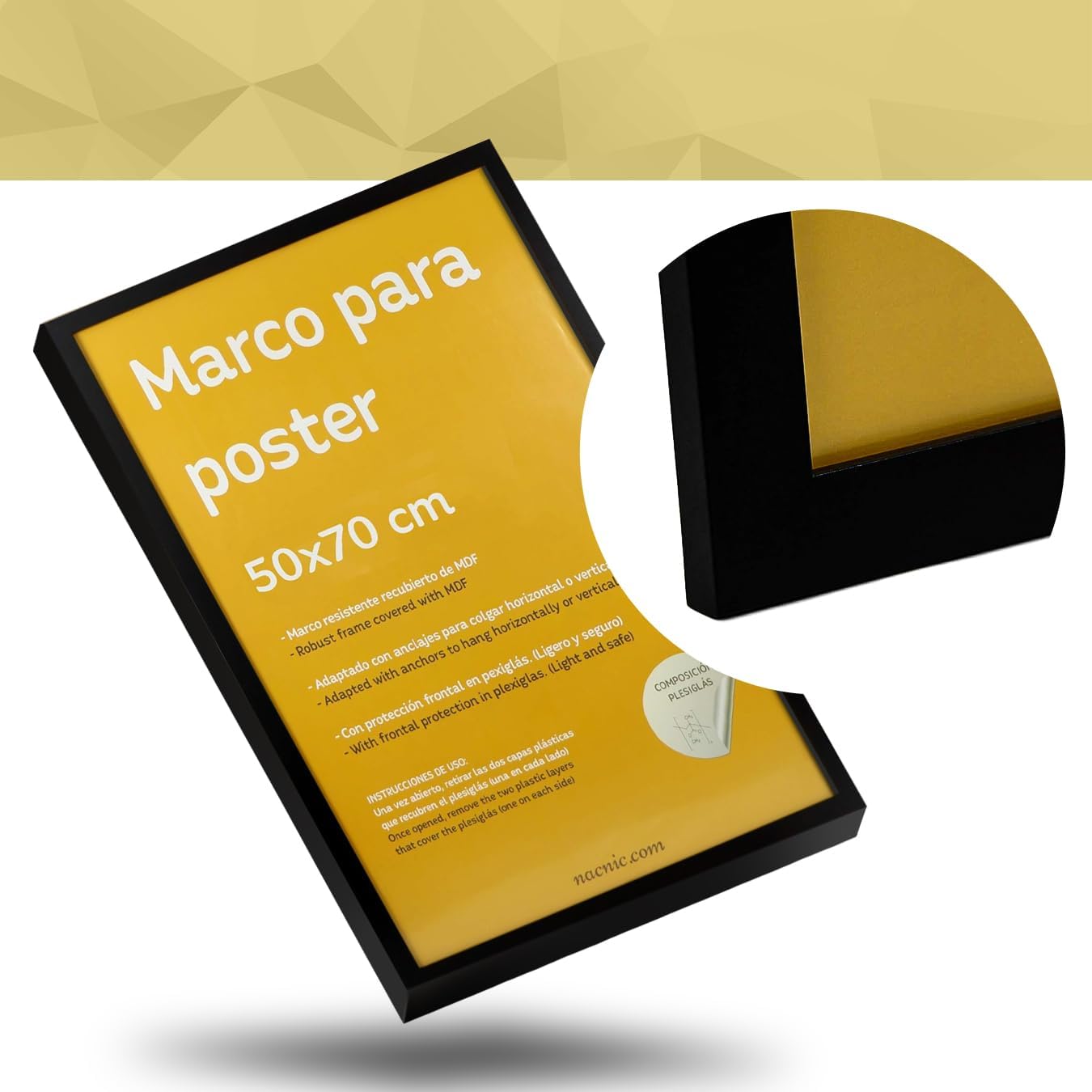 Nacnic - Pack 3 Marcos - Madera Mdf Negro y Vidrio Acrílico - 50x70 Cm Extra Grande - Fotografía, Láminas, Decoración Mural para Salón y Dormitorio