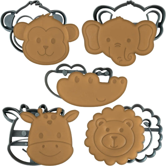 Cortadores de galletas de animales Safari con sellos, juego de 5 cortadores de galletas con elefante, jirafa, mono, león y cocodrilo, lindo paquete variado de cortador de galletas para