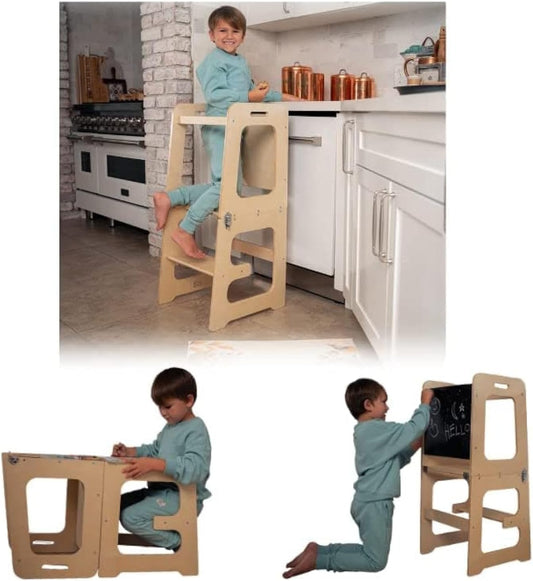 Avenlur Date - Torre plegable 4 en 1 - Taburete con escalón para niños pequeños con pizarra, escritorio y silla - Taburete estilo Montessori y Waldorf para edades de 18 meses a 6 años