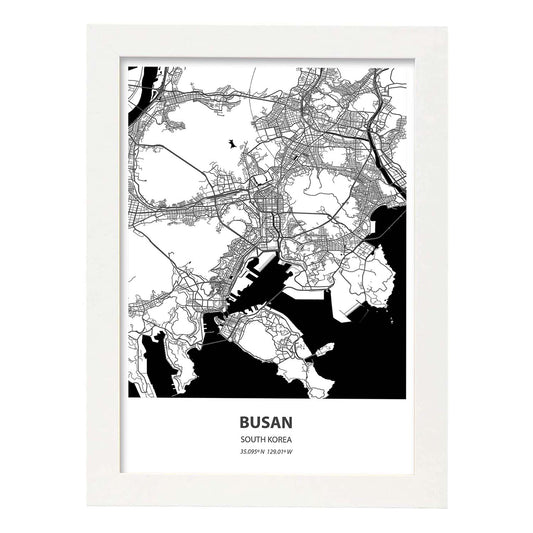 Poster con mapa de Busan - Corea del Sur. Láminas de ciudades de Asia con mares y ríos en color negro.-Artwork-Nacnic-A4-Marco Blanco-Nacnic Estudio SL