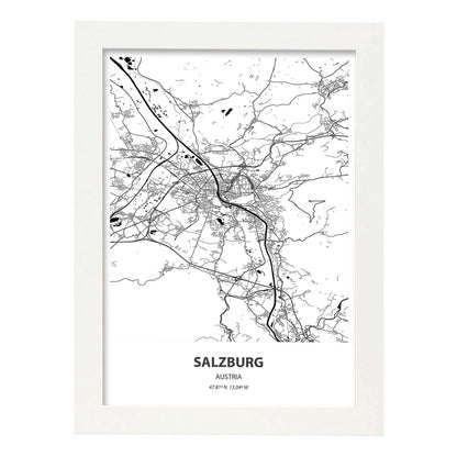 Poster con mapa de Salzburg - Austria. Láminas de ciudades de Europa con mares y ríos en color negro.-Artwork-Nacnic-A4-Marco Blanco-Nacnic Estudio SL