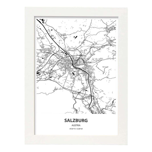 Poster con mapa de Salzburg - Austria. Láminas de ciudades de Europa con mares y ríos en color negro.-Artwork-Nacnic-A4-Marco Blanco-Nacnic Estudio SL