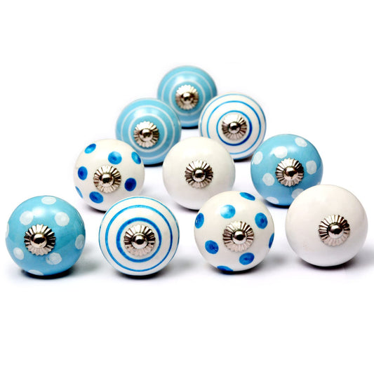 Juego de 10 pomos tiradores de cerámica | Diseño puntos y líneas en azul y blanco | Decoración de muebles y armarios para habitación infantil.-Nacnic-Nacnic Estudio SL