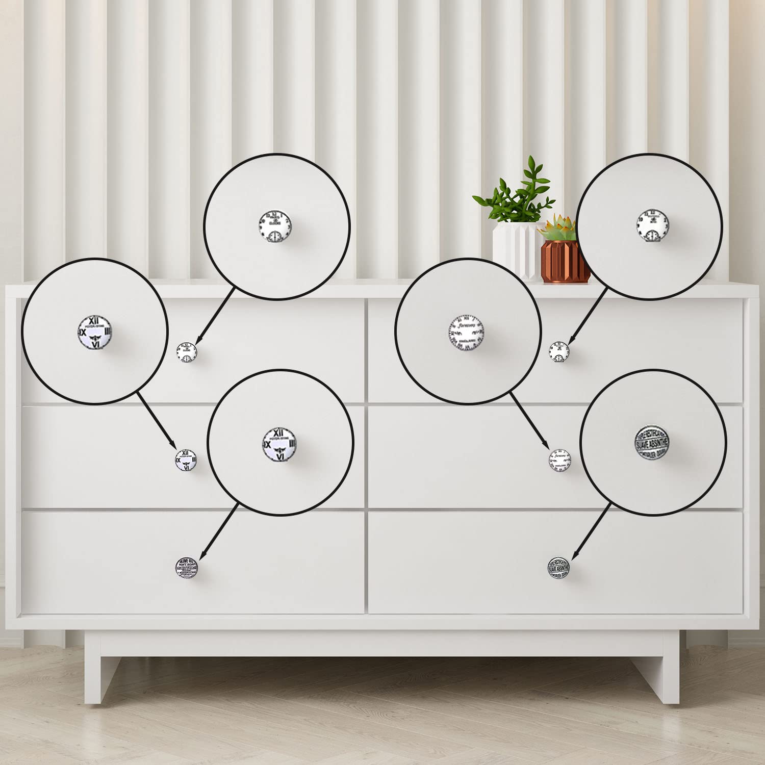 Juego de 10 pomos tiradores de cerámica | Diseño relojes en blanco y negro | Decoración muebles, armarios, cajones.-Nacnic-Nacnic Estudio SL