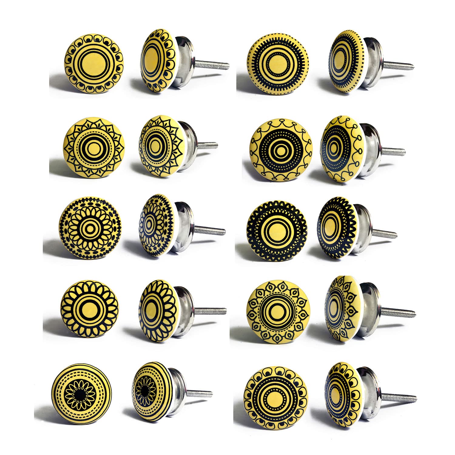 Juego de 10 pomos tiradores de cerámica | Diseños geométricos amarillo y negro | Decoración muebles, armarios, cajones.-Nacnic-Nacnic Estudio SL
